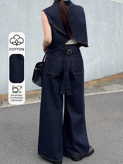 FRIFUL Women's Single-Breasted Pocket Vest And Wide-Leg Jeans Casual Suit