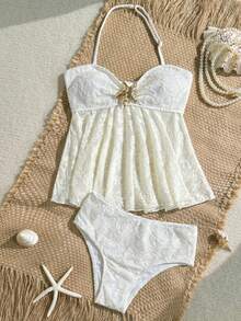SHEIN Tween Girls Jacquard Knit Halter Neck Tankini Top & Bottoms Swimsuit Set - Apricot - View 4