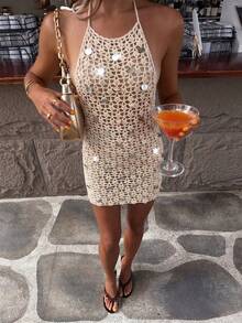 Selianne 春夏时尚性感修身钩针镂空亮片针织连衣裙，吊带露背度假风短裙，女士无袖沙滩裙 - 杏色 - 查看 1