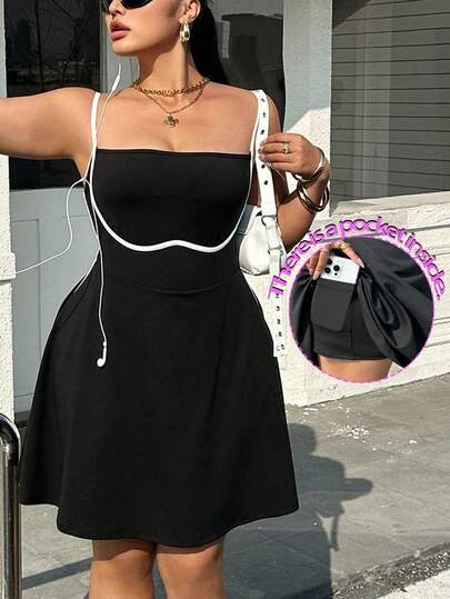 Muchica Váy hai dây mùa hè dáng rộng, phối màu tương phản, kiểu dáng thường ngày, dành cho người có thân hình mũm mĩm.