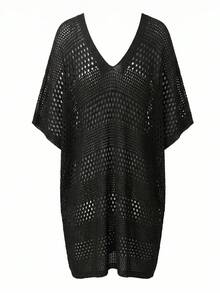Swim Vcay Cubierta de talla grande negra con mangas tipo murciélago y cuello en V para primavera/verano en vacaciones de playa, con diseño de huecos - Negro - Ver 8