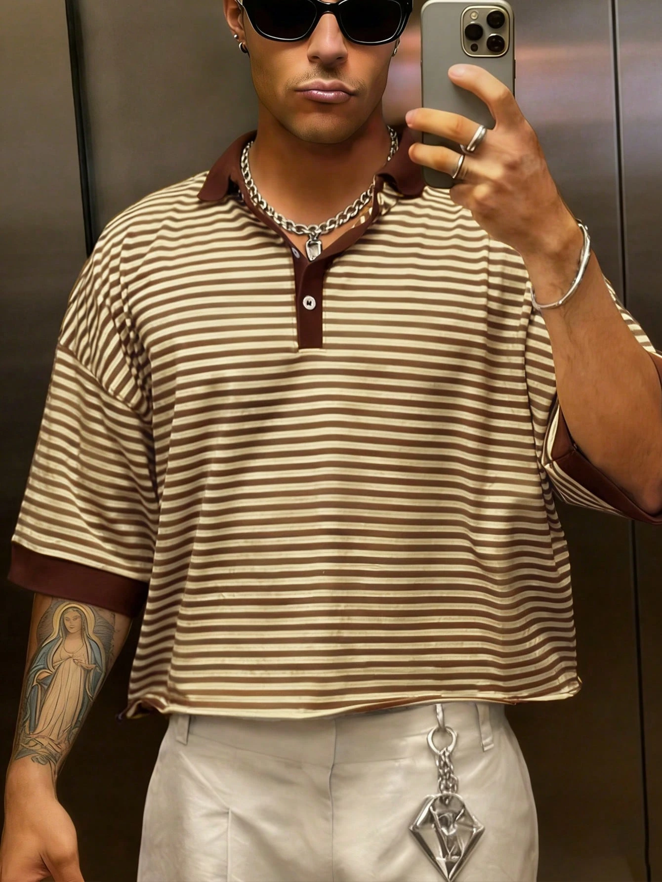 Manfinity Dauomo Mens Fashion Brown And White Striped Cropped Polo Shirt Casual