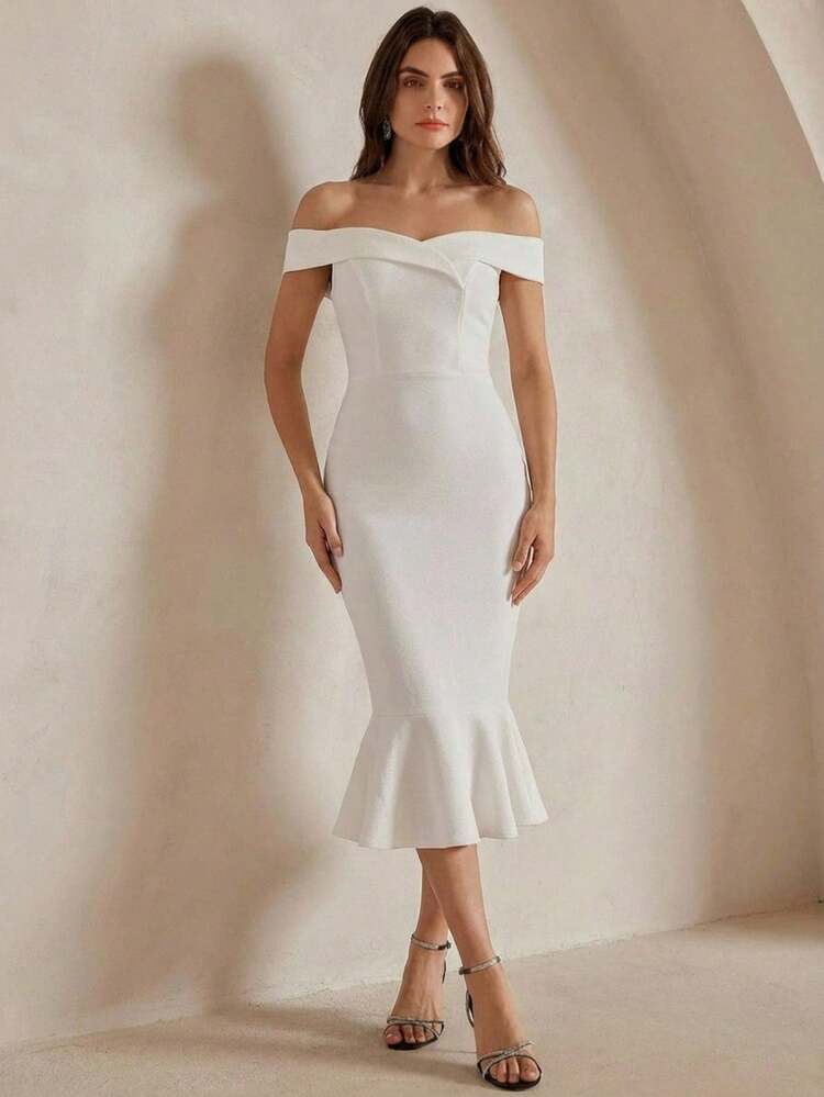 Women's Summer French Romantic Elegant Elegant Fashion High-End Off-Shoulder Waist-Cinched Mermaid Hem White Mid-Length Dress, Suitable For Elegant Parties, Dates, Wedding Gatherings, Birthdays