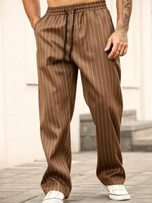 Manfinity Homme Men's Casual Striped Pants, Fashion Trousers - Coffee Brown - View 5