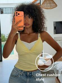 Livesso Contrast Color 2 In 1 Lace Patchwork Camisole Top With Built-In Padded Bra For Women Summer - Yellow - View 3