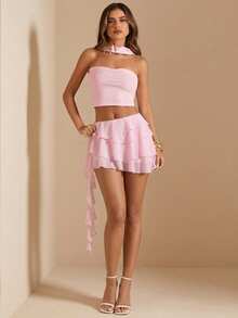 Gossip Girl X SHEIN SHEIN BAE Chân váy xếp ly đơn sắc tối giản dành cho nữ, thích hợp mặc hàng ngày. - Hồng - Xem 5
