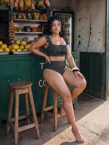 Swim Mod Plus Size Summer Vacation Beach Polka Dot Print Ruffle Trim Bikini Set - Black and White - View 6