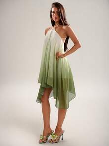 SHEIN BAE Đầm nữ không tay cổ yếm vạt lệch gấu - màu xanh lá - Xem 6