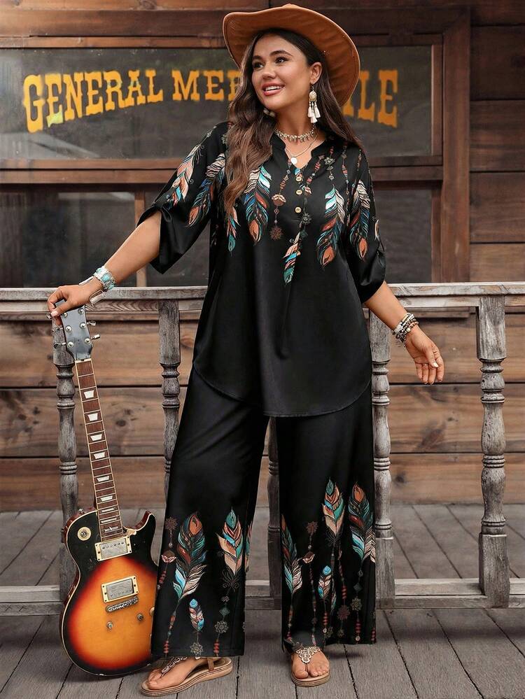 Plus Size Notched Neck Loose Short Sleeve 2 Pieces Set, Casual Summer