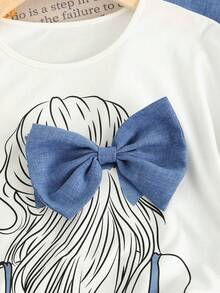 SHEIN 少女两件套：白色针织修身休闲人像蝴蝶印花宽松短袖T恤和阔腿裤，适合春夏、外出、聚会、度假，展现清新少女风，也是返校季的理想之选。 - 藍白色 - 查看 4