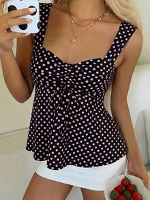 CovetEZ Bộ sưu tập thời trang nữ Xuân/Hè 2026: Áo kiểu/áo ba lỗ chấm bi đen hồng dễ thương, thoải mái, đa năng, có bèo nhún và dây rút. - màu nâu - Xem 5