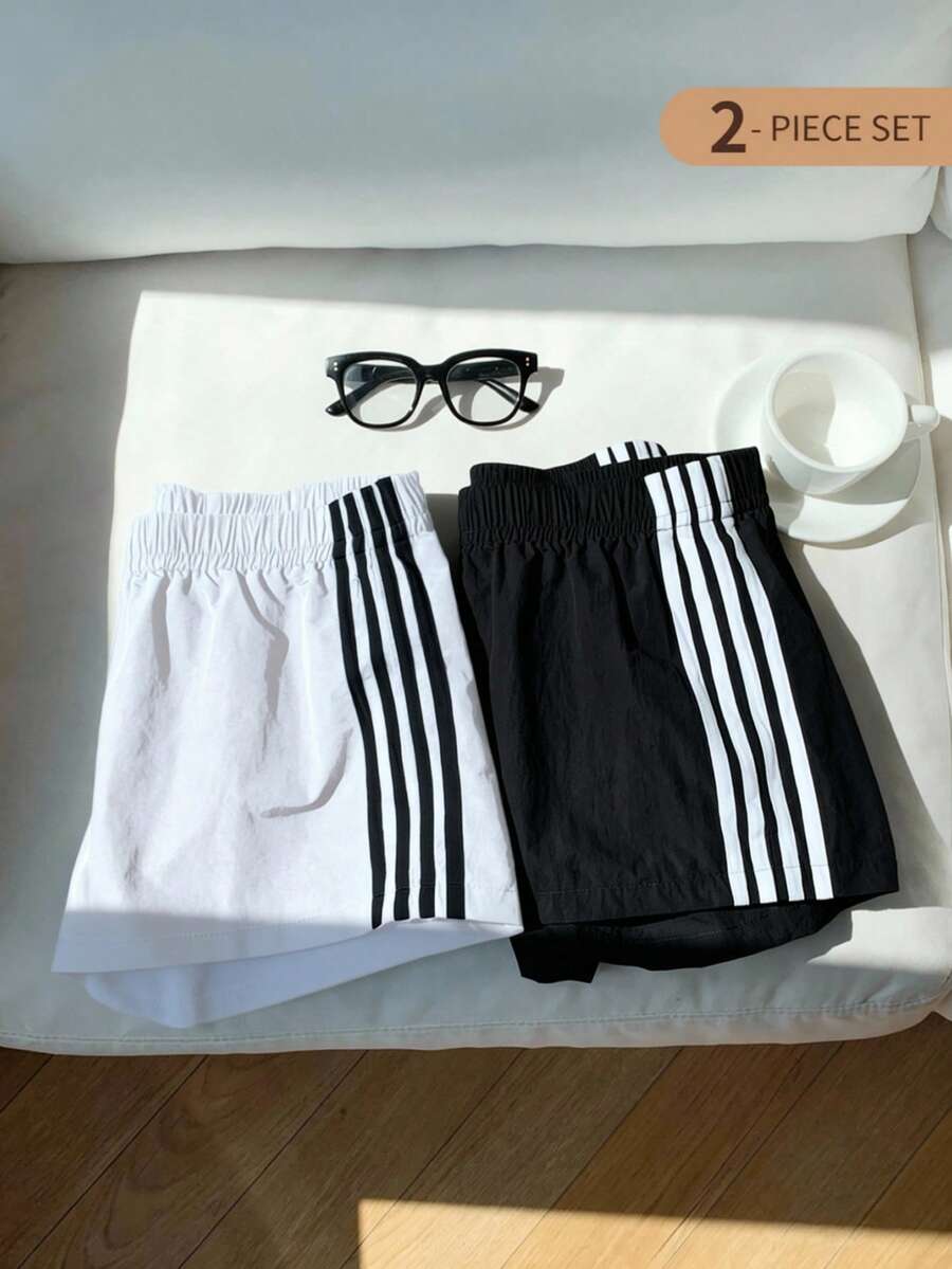 SHEIN 两件套短裤,侧边饰有四条白色条纹,经典时尚的绿色和粉色,鲜艳的色彩非常适合外出和旅行。 - 彩色 - 查看 1