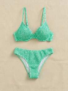 Swim Mod Set Bikini Wanita Musim Panas untuk Liburan Pantai dengan Motif Bunga, Kawat Penyangga, dan Belahan Samping - MultiWarna - View 3