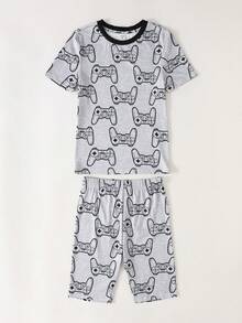 SHEIN Set de 2 piezas de pijama de pantalón corto y camiseta de manga corta con estampado de control de juegos minimalista y luminoso para adolescentes, cómodo, amigable con la piel, casual, estilo universitario, versátil, tela suave, adecuado para uso diario, vacaciones, primavera/verano - Negro - Ver 5