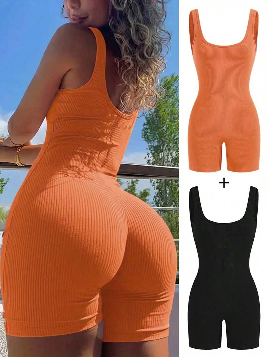 SHEIN SXY 2 Packs Women's Summer Casual Solid Color Sleeveless Jumpsuit Gym Burnt Orange Black - Multicolor - View 1