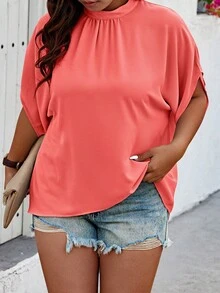 SHEIN Unity 大码女式纯色立领蝙蝠袖短袖休闲衬衫 - 珊瑚橙 - 查看 4