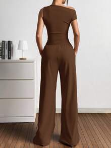 SHEIN EZwear 女士新款纯色无袖休闲针织两件套，夏季 - 咖啡棕 - 查看 2