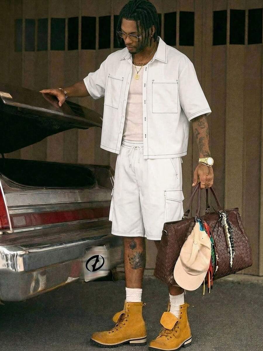AXEPEAK Men's Casual Single-Breasted Short Sleeve Shirt Paired With Drawstring Waist Cargo Pocket Shorts Set