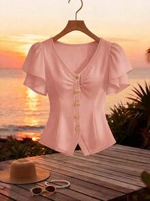 GlowEve Blusa elegante de unicolor albaricoque con cuello en V, diseño de cintura recogida y línea A, adecuada para ocasiones formales, reuniones, trabajo, escuela, viajes, festivales, primavera/verano - Rosa - Ver 5