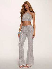 MUSERA Bộ đồ gồm áo cổ yếm đính sequin và quần ống loe cạp trung, bán theo set, gợi cảm, dễ thương, thích hợp đi biển, đi chơi, nghỉ mát, mùa hè, màu xanh đậm. - Xám - Xem 5