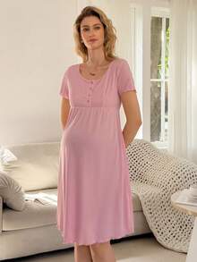 BloomMama Basic Casual Pink Ribbed Fabric Open Front Nursing Maternity Dress Loungewear - Pink - View 4
