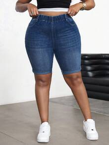 SHEIN PETITE CURVE 大码女式蓝色牛仔弹力紧身短裤 - 深色水洗藍 - 查看 4