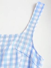 Sweetra 法式浪漫格纹喇叭裙甜美蓬蓬裙吊带夏季女装 - 藍白色 - 查看 4