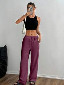 SHEIN Unity Women's Solid Color Elastic Waist Drawstring Loose Straight Leg Pants - Purple - View 4