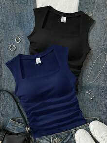 SHEIN Teen Girls' Black & White Ribbed Ruched Crew Neck Sleeveless Camisole Layering Set - Navy Blue - View 7
