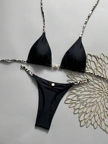 Swim SXY Damskie bikini w rozmiarze 26SS na wiosnę/lato, nowe, czarne, z nadrukiem w panterkę, zdobione liną, z dekoltem w serek i odkrytymi plecami, z plisowanymi nitami, seksowne - Czarne - Zobacz 2