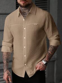 Manfinity CasualCool Men's Solid Color Minimalist Textured Front Button Long Sleeve Casual Shirt - Khaki - View 5