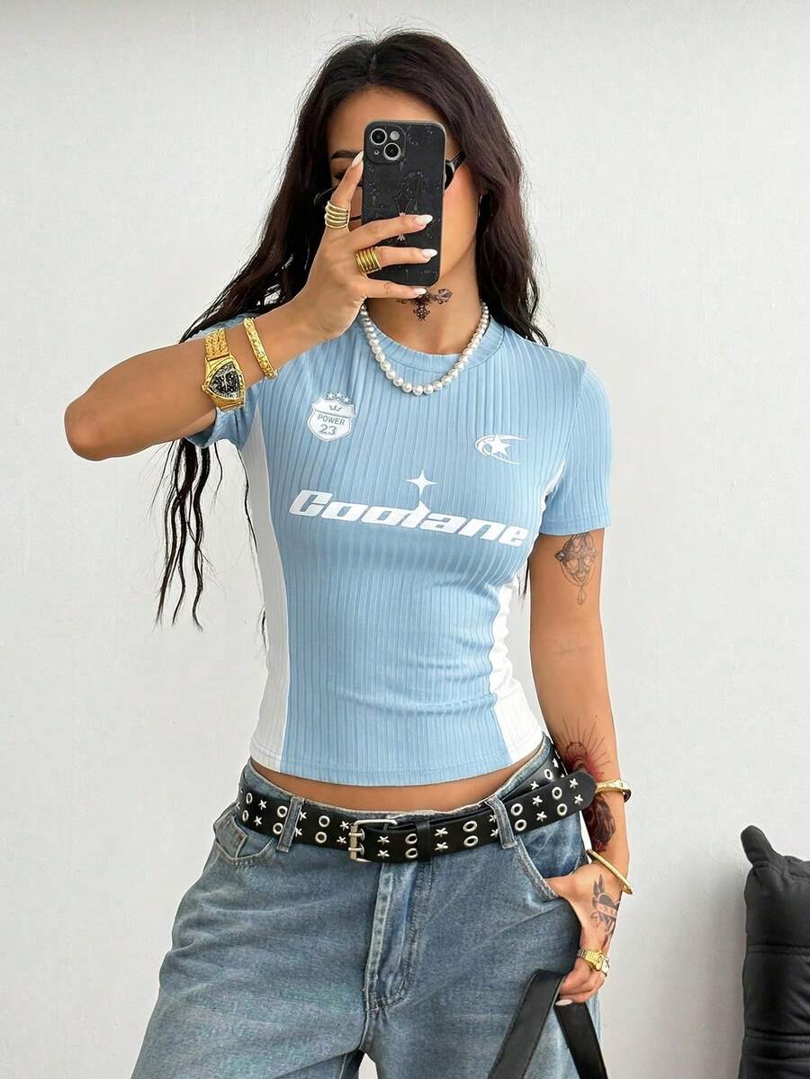 Coolane Áo thun crop top màu đen dành cho nữ, phong cách đường phố Y2K mùa hè, trang phục dự tiệc rave, lễ hội, đi chơi. - Màu xanh nhạt - Xem 1