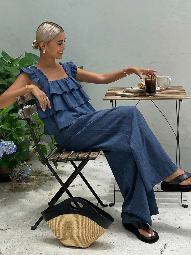2pcs/Set Women's Fashion Ruffled Crop Camisole Top And High Waist Tie Waist Wide Leg Casual Pants, Summer