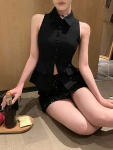 DAZY 女款純色領口無袖收腰優雅休閒背心上衣，適合夏季度假、辦公室、學校，黑色 - 黑色 - 查看 4