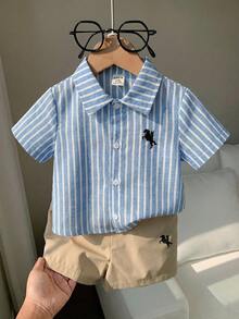 2pcs Baby Boy Horse Pattern Lapel Short Sleeve Cardigan And Elastic Waist Shorts Set - Multicolor - View 4