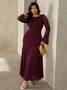 Feyla Plus Size Women Solid Color Round Neck Ruffle Mesh Long Sleeve Elegant Dress - Purple - View 4