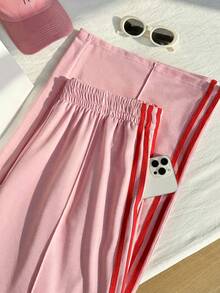 Comfortcana Plus Size Women Elastic Waist Side Stripe Wide Leg Loose Sweatpants - Baby Pink - View 3