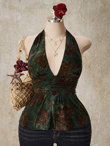 SHEIN ICON Camiseta sin espalda con lunares, estilo retro Y2K, con cuello en V, cintura ceñida y línea A, para tallas grandes. Camiseta de tirantes con lunares y escote halter, estilo babydoll con espalda descubierta. - Verde - View 1