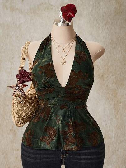 SHEIN ICON 大码V领收腰A字露背波点吊带背心，复古Y2K波点挂脖吊带背心，娃娃款波点挂脖露背上衣