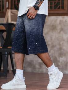 Manfinity EMRG Pantalones cortos vaqueros de pierna ancha con ajuste holgado y adornos de diamante de imitación para hombre - Azul lavado oscuro - Ver 4