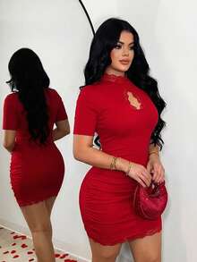 SHEIN SXY 性感蕾丝拼接镂空连衣裙 - 紅色 - 查看 5