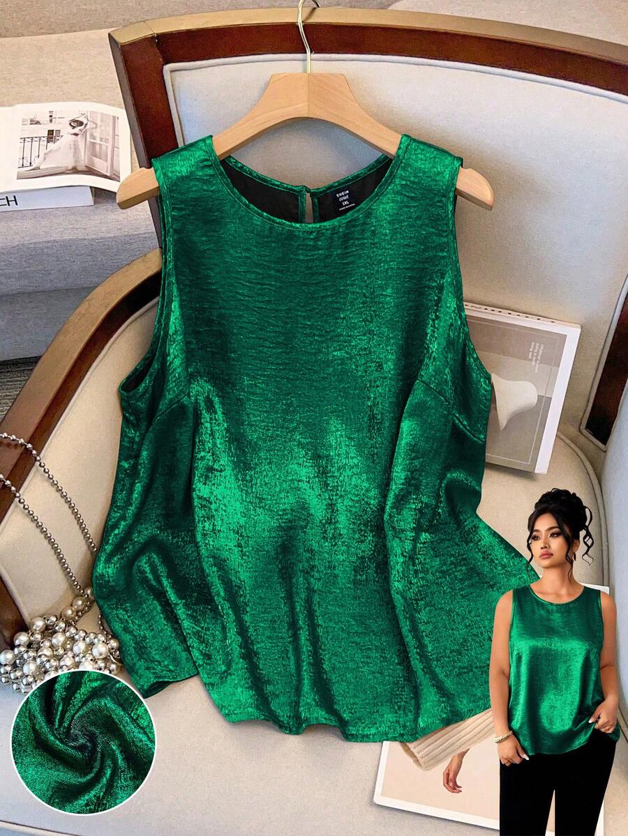GlowEve CURVE Plus Size Women Loose Fit Round Neck Luxury Metallic Casual Tank Top, Suitable For Daily Summer And Holiday Party Wear - Green - View 1