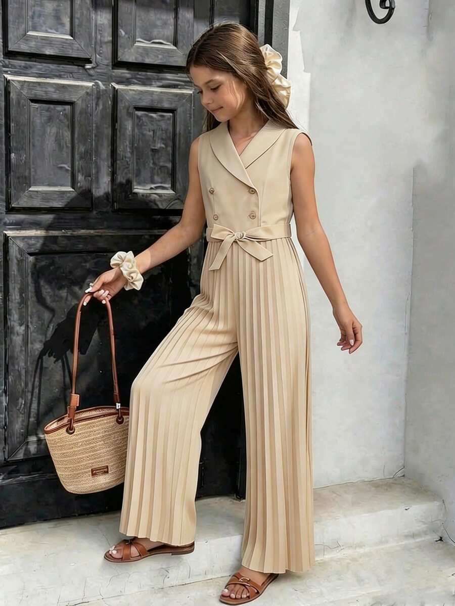 SHEIN Mono de pierna ancha plisado con cinturón y doble botonadura, de cuello elegante color albaricoque, adecuado para vacaciones, fiestas, bodas, vuelta al colegio, graduación y otras ocasiones, para niñas preadolescentes - Albaricoque - Ver 1