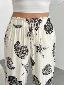 Enliva Plus Size Women's Casual Vacation Pants, Ocean Pattern Trousers, For Apple And Rounded Body Shape Beach Black And White Summer - Green - View 5
