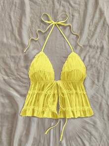 Soleia Women's Solid Color Halter Tie-Up Top Date Summer Top, Only Top, Without Skirt - Pale Yellow - View 3