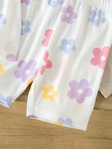 SHEIN 2pcs/Set Young Girl Floral Knit Loose Casual T-Shirt And Shorts Set - Multicolor - View 7