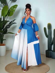 Maweii Plus Size Women's 2-Piece Set, Faux Denim Ombre Print Cold Shoulder Top And Midi Skirt, Casual Vacation Outfit - Multicolor - View 5