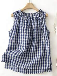 Linhara Plus Size Women Vacation Casual Style Printed Tank Top, Spring/Summer - Navy Blue - View 1
