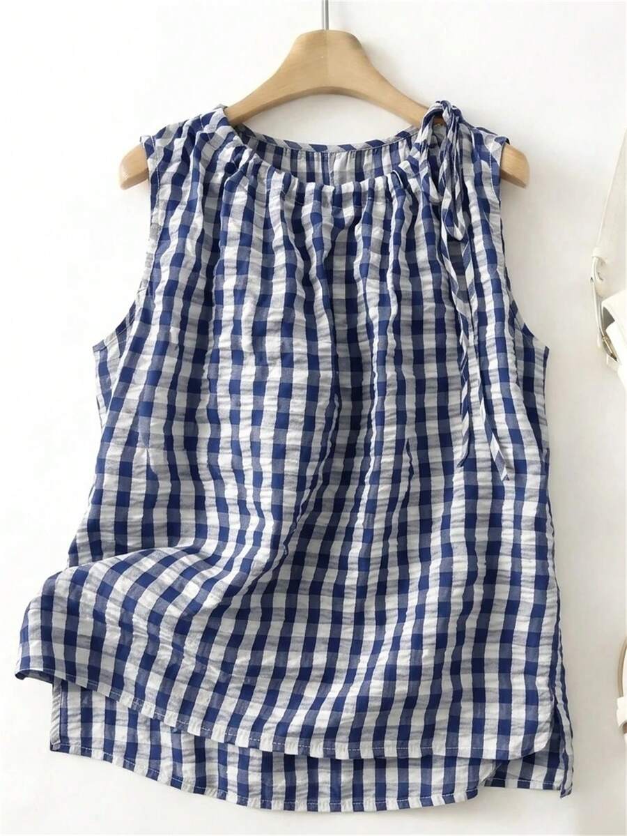 Linhara Plus Size Women Vacation Casual Style Printed Tank Top, Spring/Summer - Navy Blue - View 1