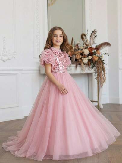 Glamorique Kids Girls Formal Dress With Child-Like Fashion Details - A Beautiful Evening Gown With Pearl Decorations For Young Girls. A Shiny Children's Birthday Outfit In A Pretty Pink Color For Girls.